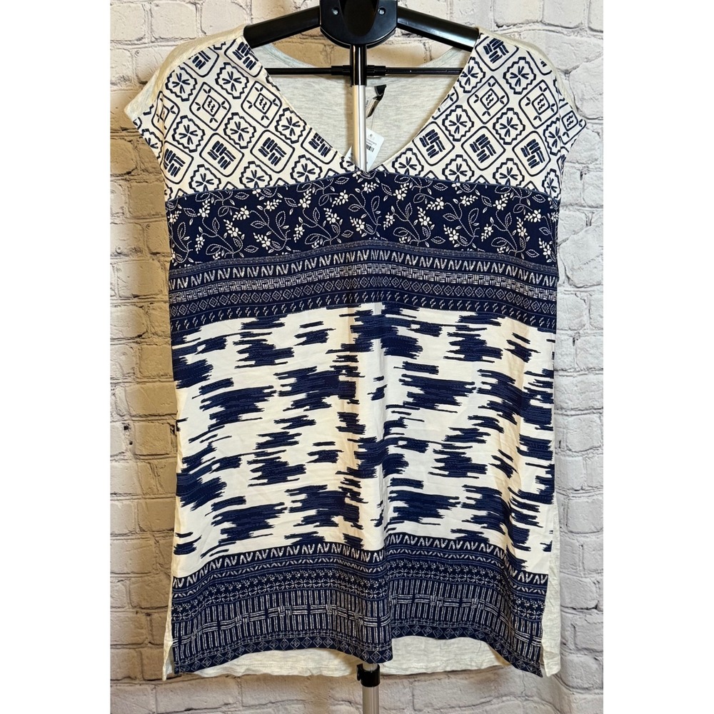 Bob Timberlake Mixed Media V-Neck Top Blue White Patterned Blouse XL XXL
